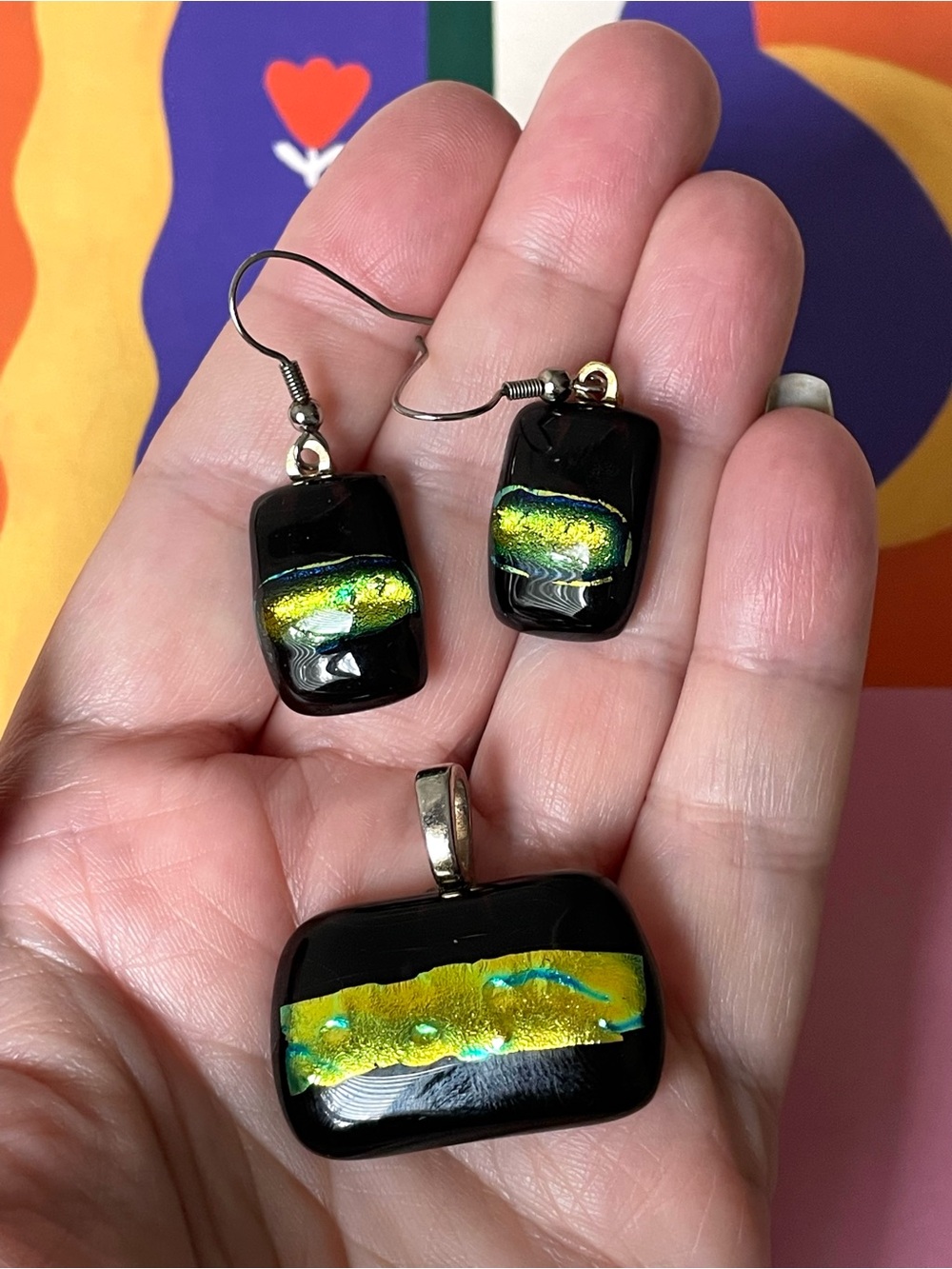 Vintage/modern black & metallic foil dichroic glass dangle earrings & pendant